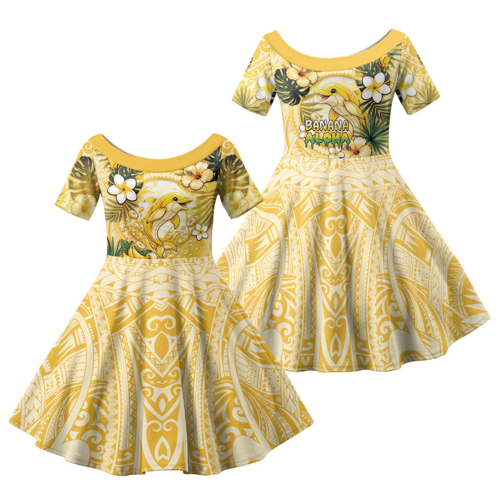 Hawaii Banana Dolphin Family Matching Puletasi and Hawaiian Shirt Cute Cosplay Naiʻa Fish Tribal Patterns DT05 Daughter's Dress Yellow - Polynesian Pride
