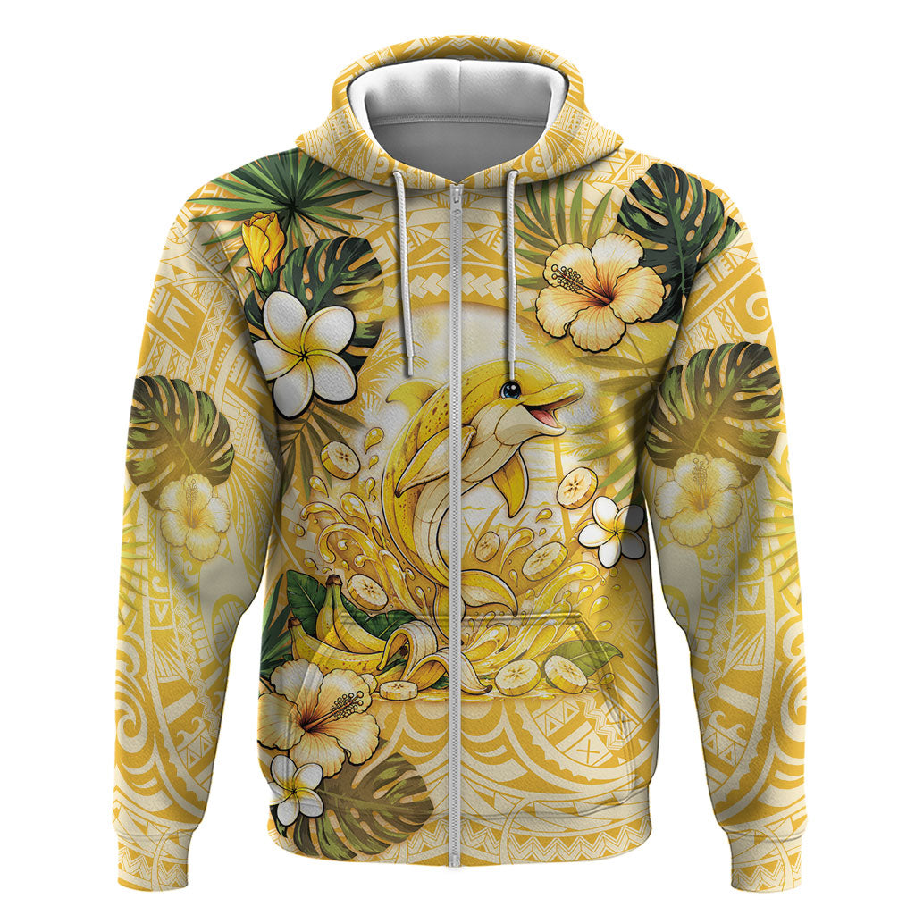 Hawaii Banana Dolphin Hoodie Cute Cosplay Naiʻa Fish Tribal Patterns DT05 Zip Hoodie Yellow - Polynesian Pride