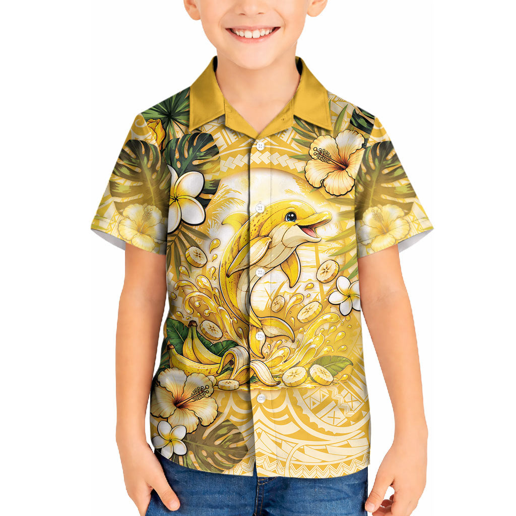 Hawaii Banana Dolphin Kid Hawaiian Shirt Cute Cosplay Naiʻa Fish Tribal Patterns DT05 Kid Yellow - Polynesian Pride