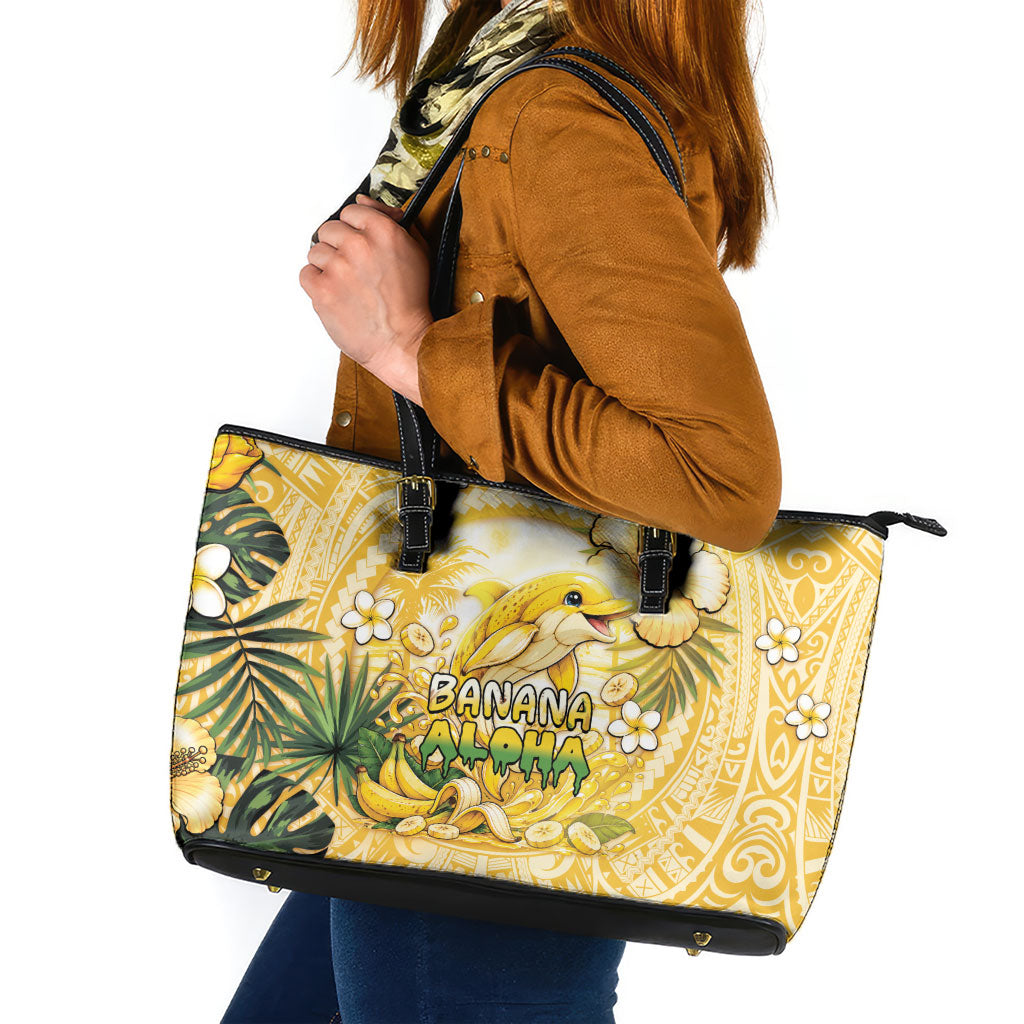 Hawaii Banana Dolphin Leather Tote Bag Cute Cosplay Naiʻa Fish Tribal Patterns DT05 Yellow - Polynesian Pride