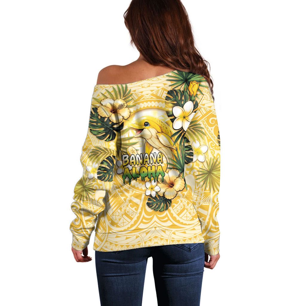 Hawaii Banana Dolphin Off Shoulder Sweater Cute Cosplay Naiʻa Fish Tribal Patterns DT05 - Polynesian Pride