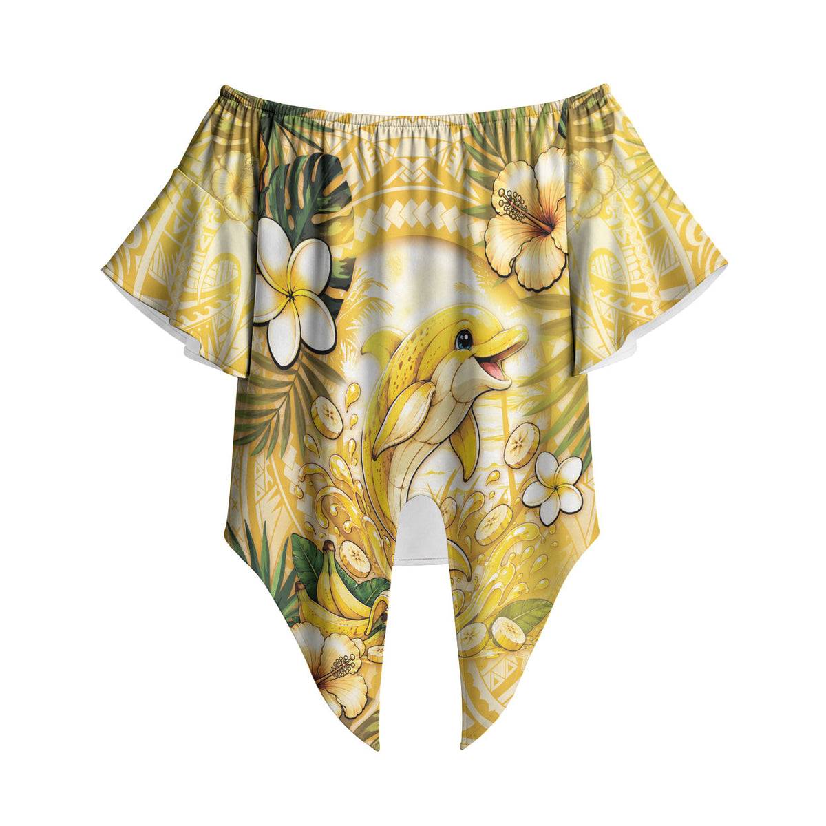 Hawaii Banana Dolphin Off Shoulder Wrap Waist Top Cute Cosplay Naiʻa Fish Tribal Patterns DT05 - Polynesian Pride