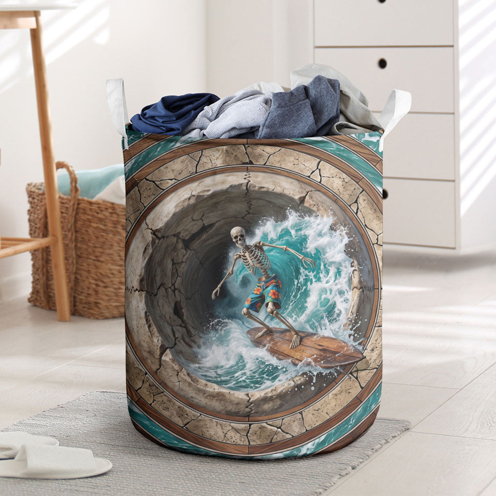 3D Illusion Surfing Skeleton Halloween Laundry Basket Surfboard Bones Ocean Wave Stone Well DT05 Gray - Polynesian Pride