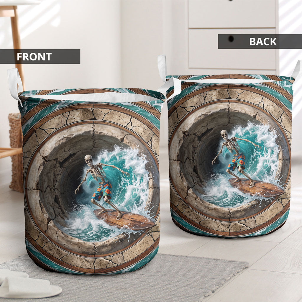 3D Illusion Surfing Skeleton Halloween Laundry Basket Surfboard Bones Ocean Wave Stone Well DT05 - Polynesian Pride