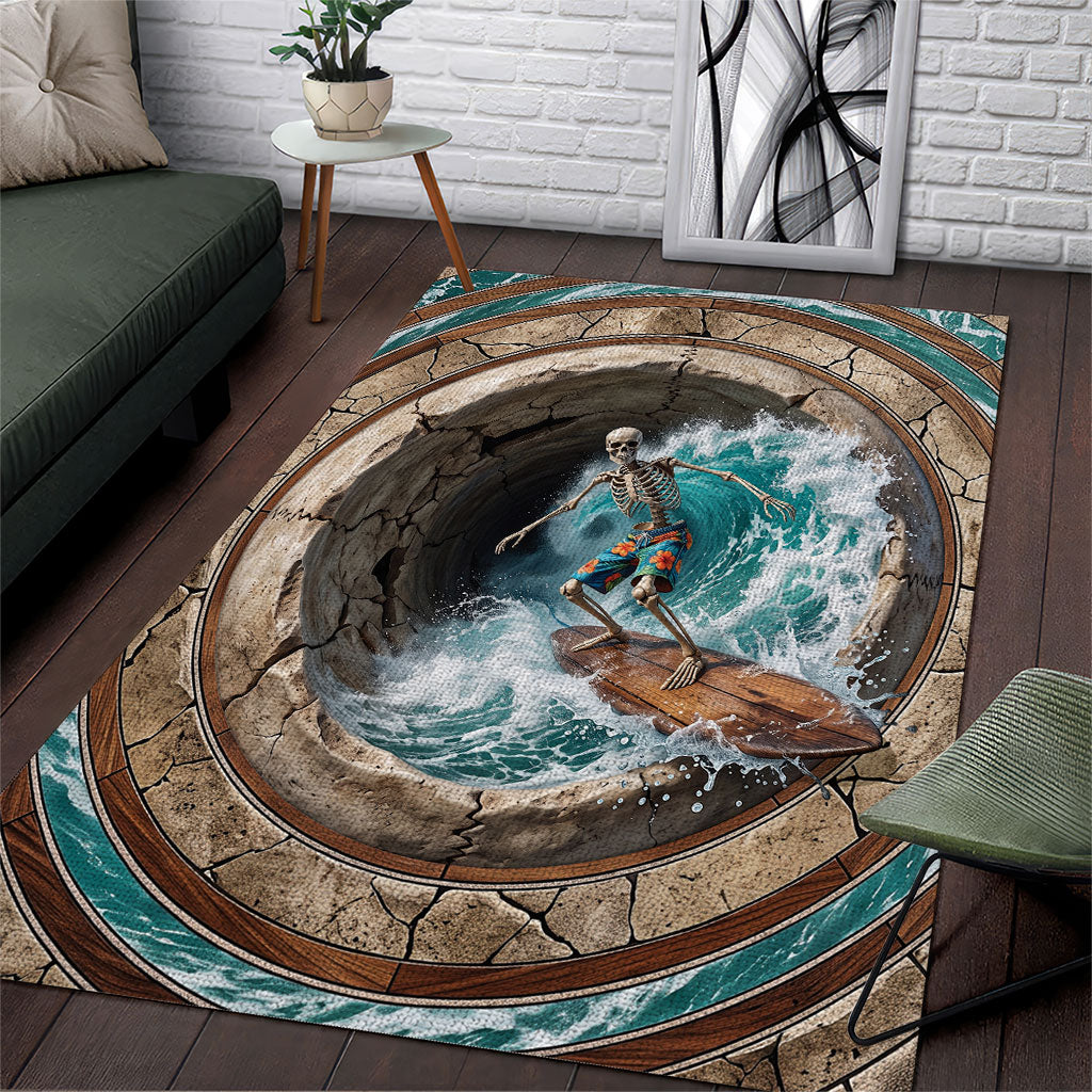 3D Illusion Surfing Skeleton Halloween Area Rug Surfboard Bones Ocean Wave Stone Well DT05 Gray - Polynesian Pride