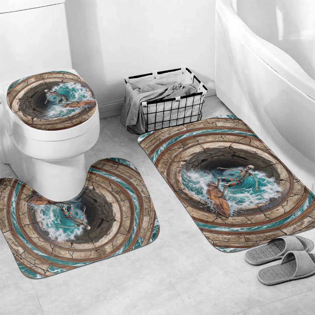 3D Illusion Surfing Skeleton Halloween Bathroom Set Surfboard Bones Ocean Wave Stone Well DT05 Mat Set Only (3 pcs) One Size Gray - Polynesian Pride