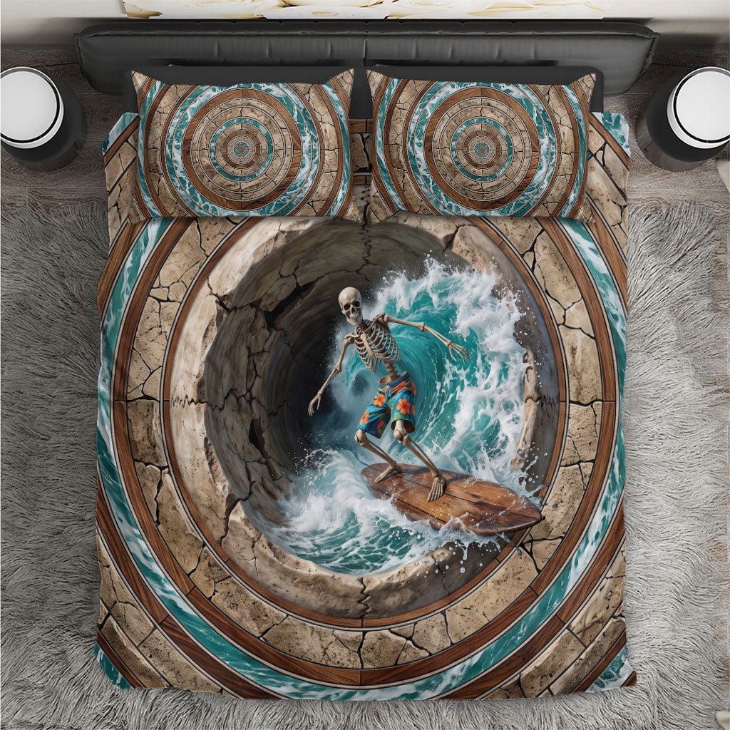 3D Illusion Surfing Skeleton Halloween Bedding Set Surfboard Bones Ocean Wave Stone Well DT05 Gray - Polynesian Pride