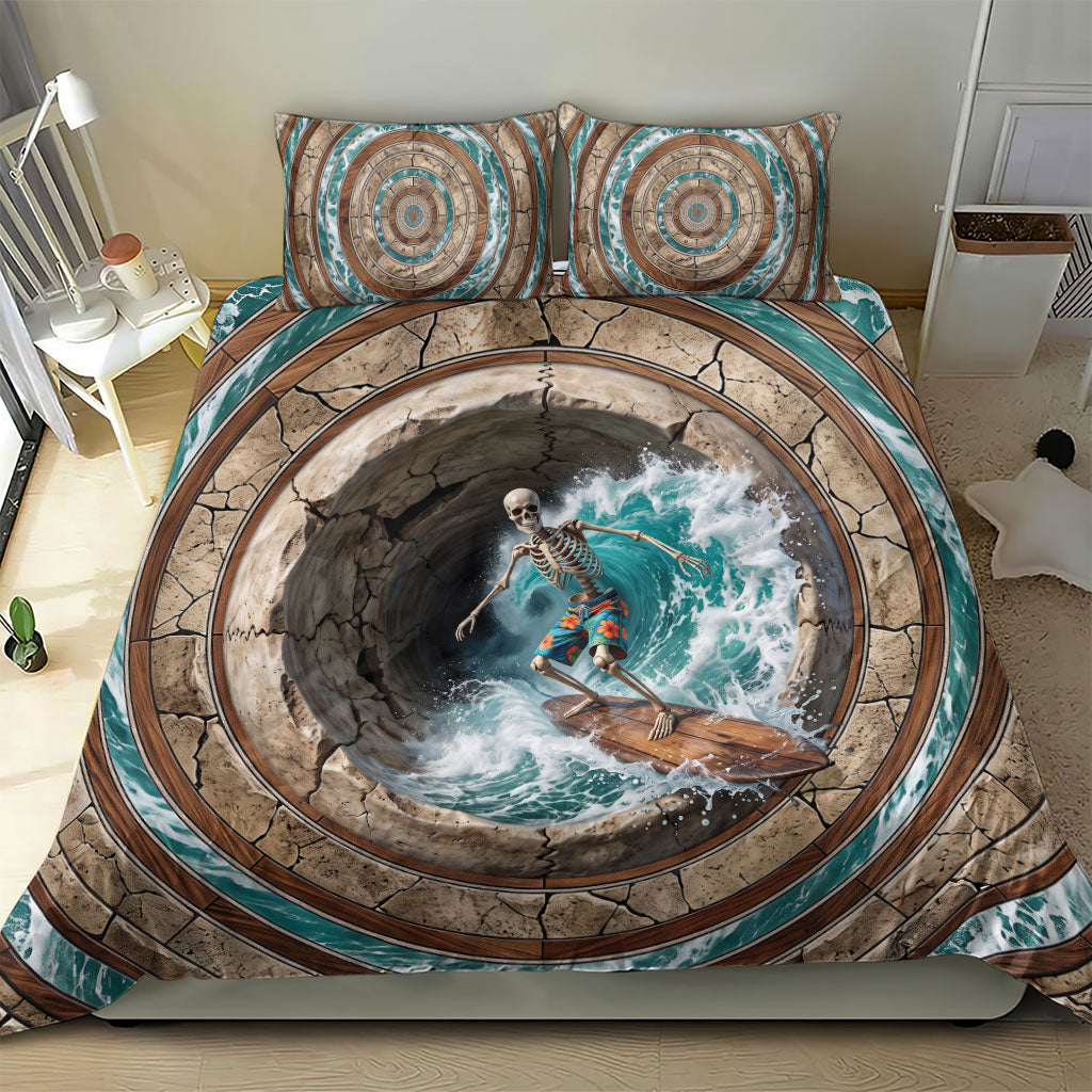 3D Illusion Surfing Skeleton Halloween Bedding Set Surfboard Bones Ocean Wave Stone Well DT05 - Polynesian Pride
