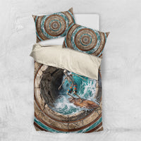 3D Illusion Surfing Skeleton Halloween Bedding Set Surfboard Bones Ocean Wave Stone Well DT05 US Twin 172cm x 218cm Gray - Polynesian Pride