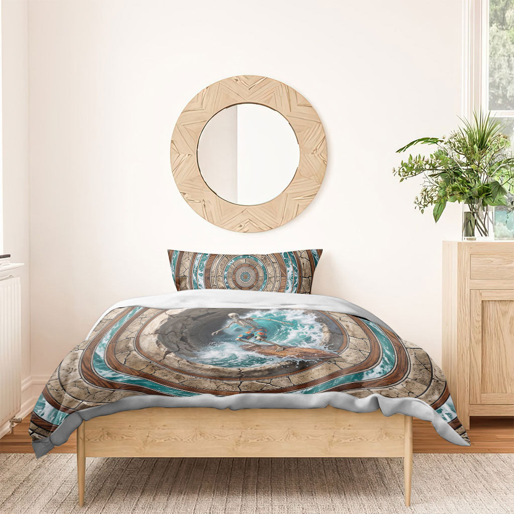 3D Illusion Surfing Skeleton Halloween Bedding Set Surfboard Bones Ocean Wave Stone Well DT05 - Polynesian Pride