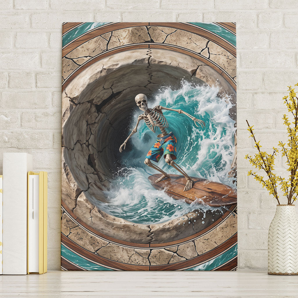 3D Illusion Surfing Skeleton Halloween Canvas Wall Art Surfboard Bones Ocean Wave Stone Well DT05 Without Frame Gray - Polynesian Pride