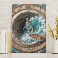 3D Illusion Surfing Skeleton Halloween Canvas Wall Art Surfboard Bones Ocean Wave Stone Well DT05 Without Frame Gray - Polynesian Pride