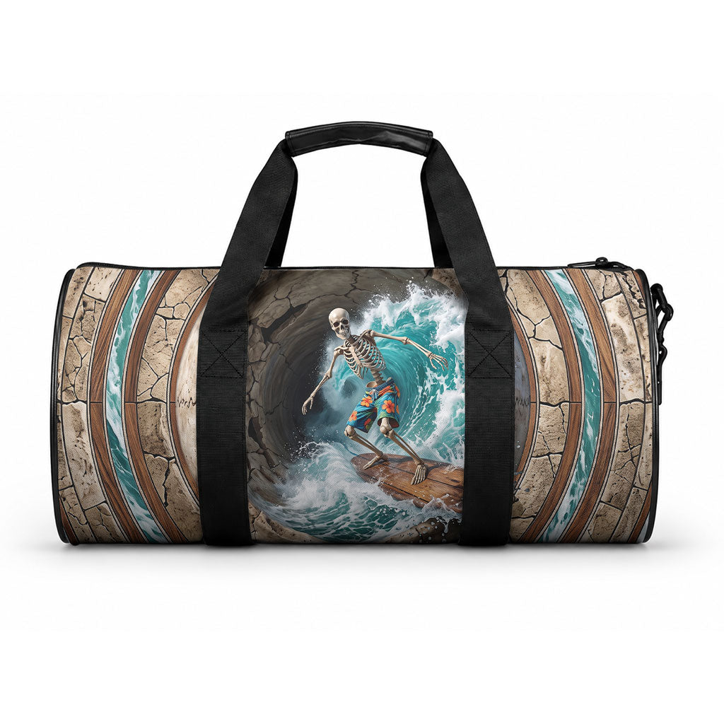 3D Illusion Surfing Skeleton Halloween Duffle Bag Surfboard Bones Ocean Wave Stone Well DT05 One size Gray - Polynesian Pride