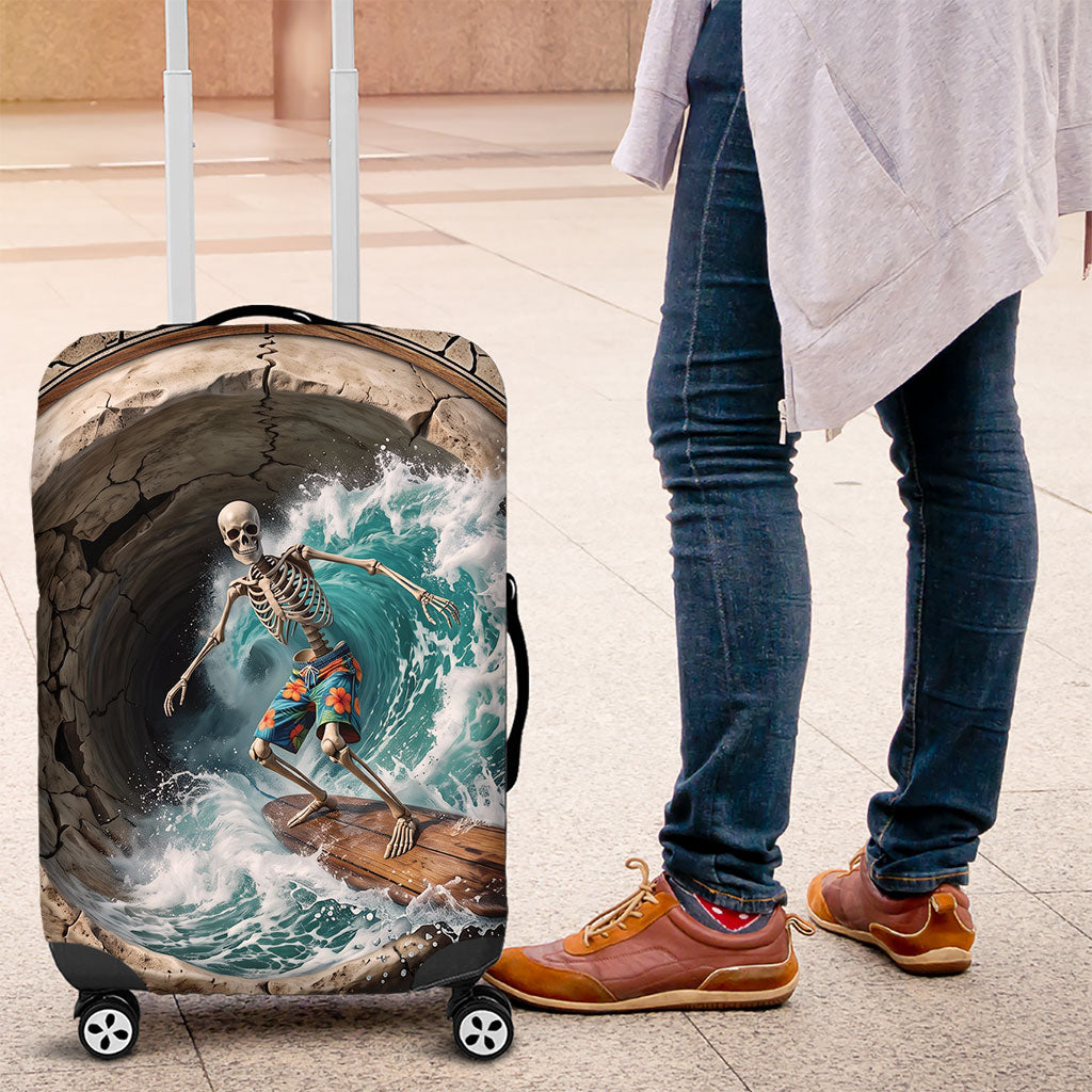 3D Illusion Surfing Skeleton Halloween Luggage Cover Surfboard Bones Ocean Wave Stone Well DT05 Gray - Polynesian Pride