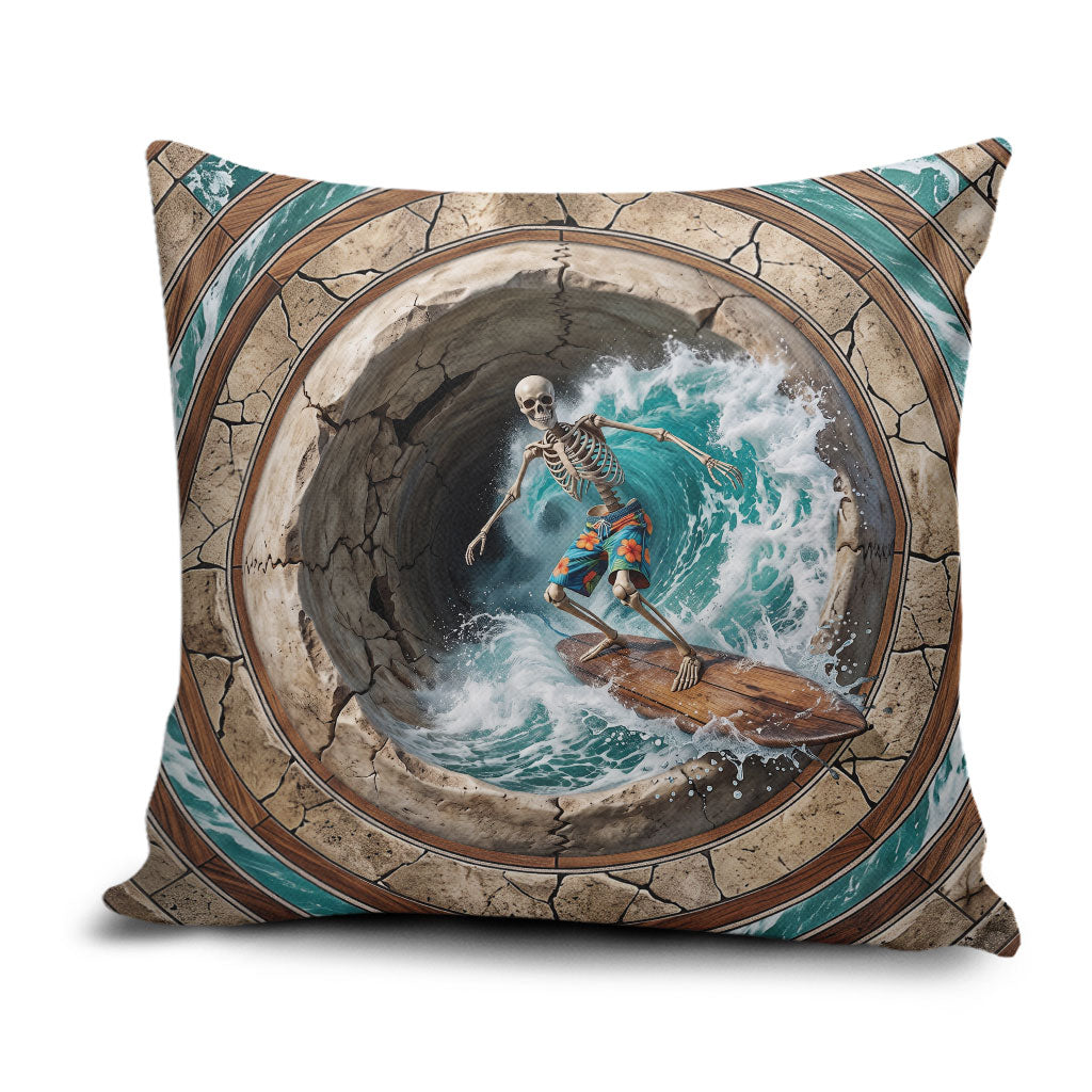 3D Illusion Surfing Skeleton Halloween Pillow Cover Surfboard Bones Ocean Wave Stone Well DT05 Gray - Polynesian Pride