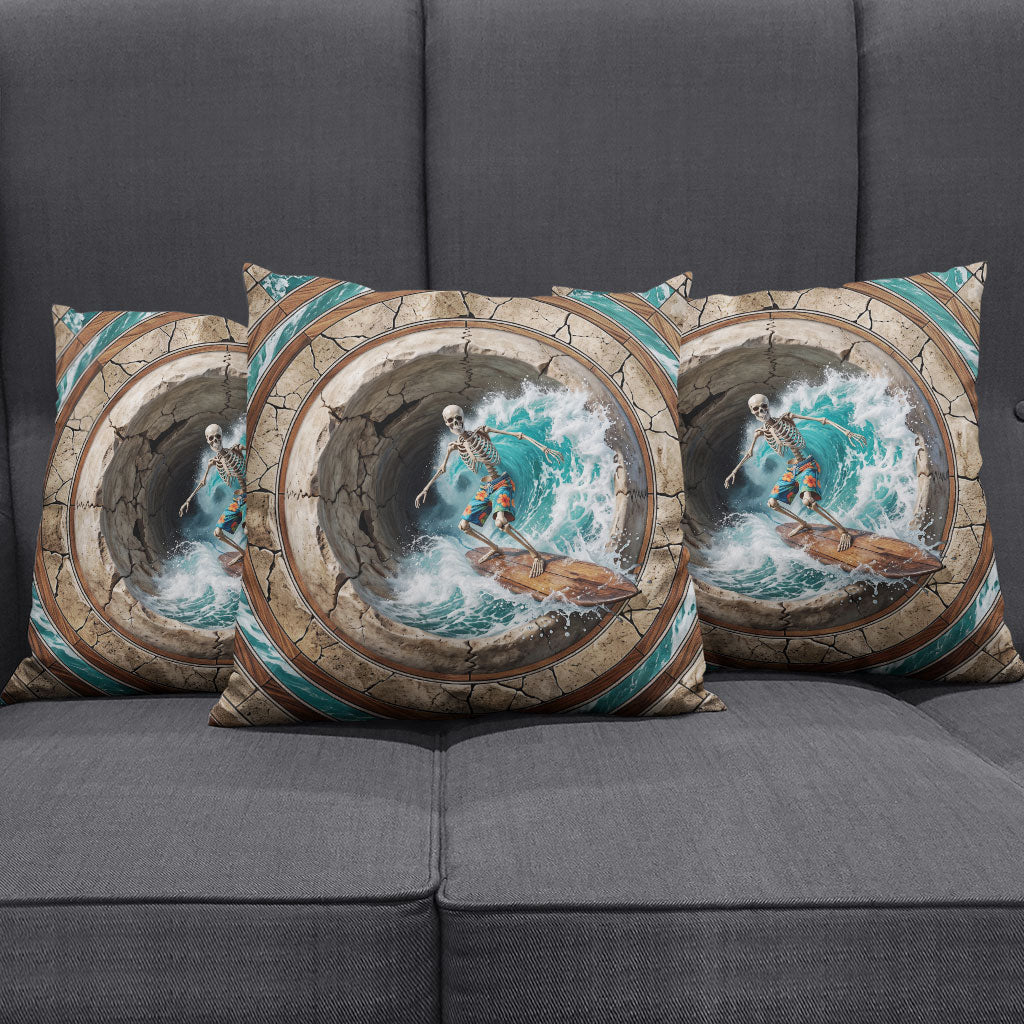 3D Illusion Surfing Skeleton Halloween Pillow Cover Surfboard Bones Ocean Wave Stone Well DT05 - Polynesian Pride