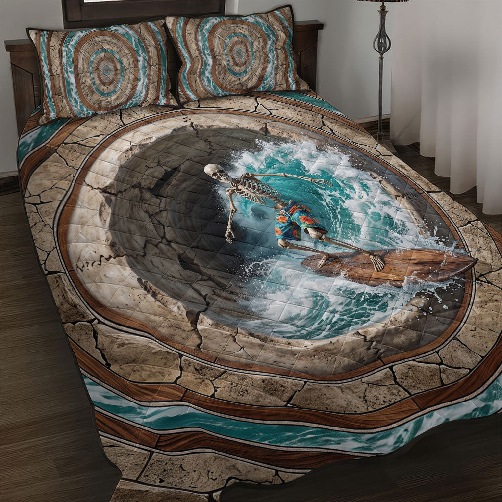 3D Illusion Surfing Skeleton Halloween Quilt Bed Set Surfboard Bones Ocean Wave Stone Well DT05 Gray - Polynesian Pride