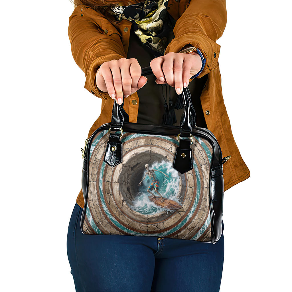 3D Illusion Surfing Skeleton Halloween Shoulder Handbag Surfboard Bones Ocean Wave Stone Well DT05 One Size Gray - Polynesian Pride