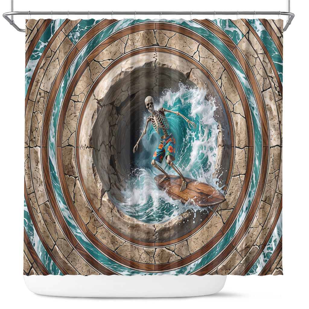 3D Illusion Surfing Skeleton Halloween Shower Curtain Surfboard Bones Ocean Wave Stone Well DT05 Gray - Polynesian Pride