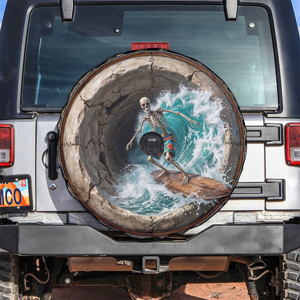 3D Illusion Surfing Skeleton Halloween Spare Tire Cover Surfboard Bones Ocean Wave Stone Well DT05 Gray - Polynesian Pride