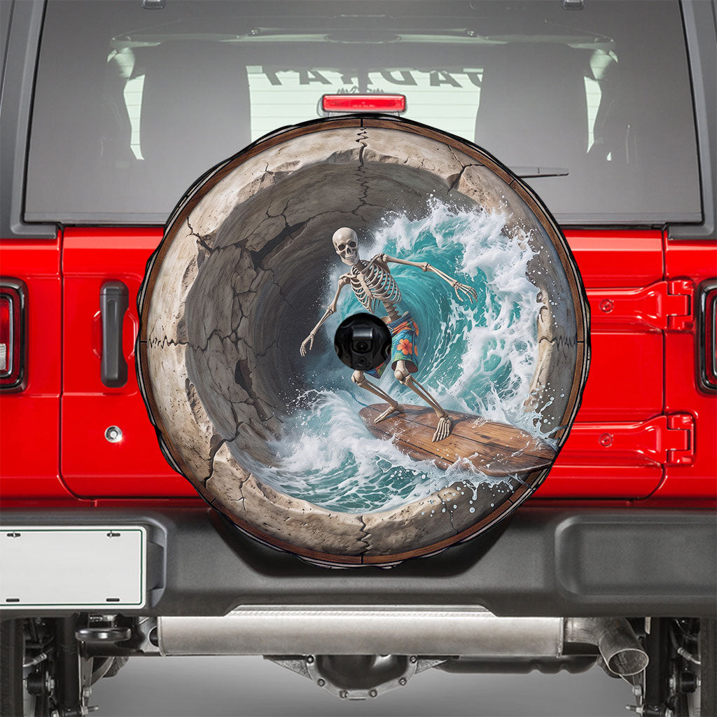 3D Illusion Surfing Skeleton Halloween Spare Tire Cover Surfboard Bones Ocean Wave Stone Well DT05 - Polynesian Pride