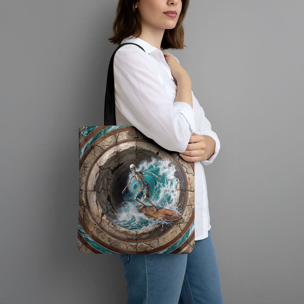 3D Illusion Surfing Skeleton Halloween Tote Bag Surfboard Bones Ocean Wave Stone Well DT05 - Polynesian Pride