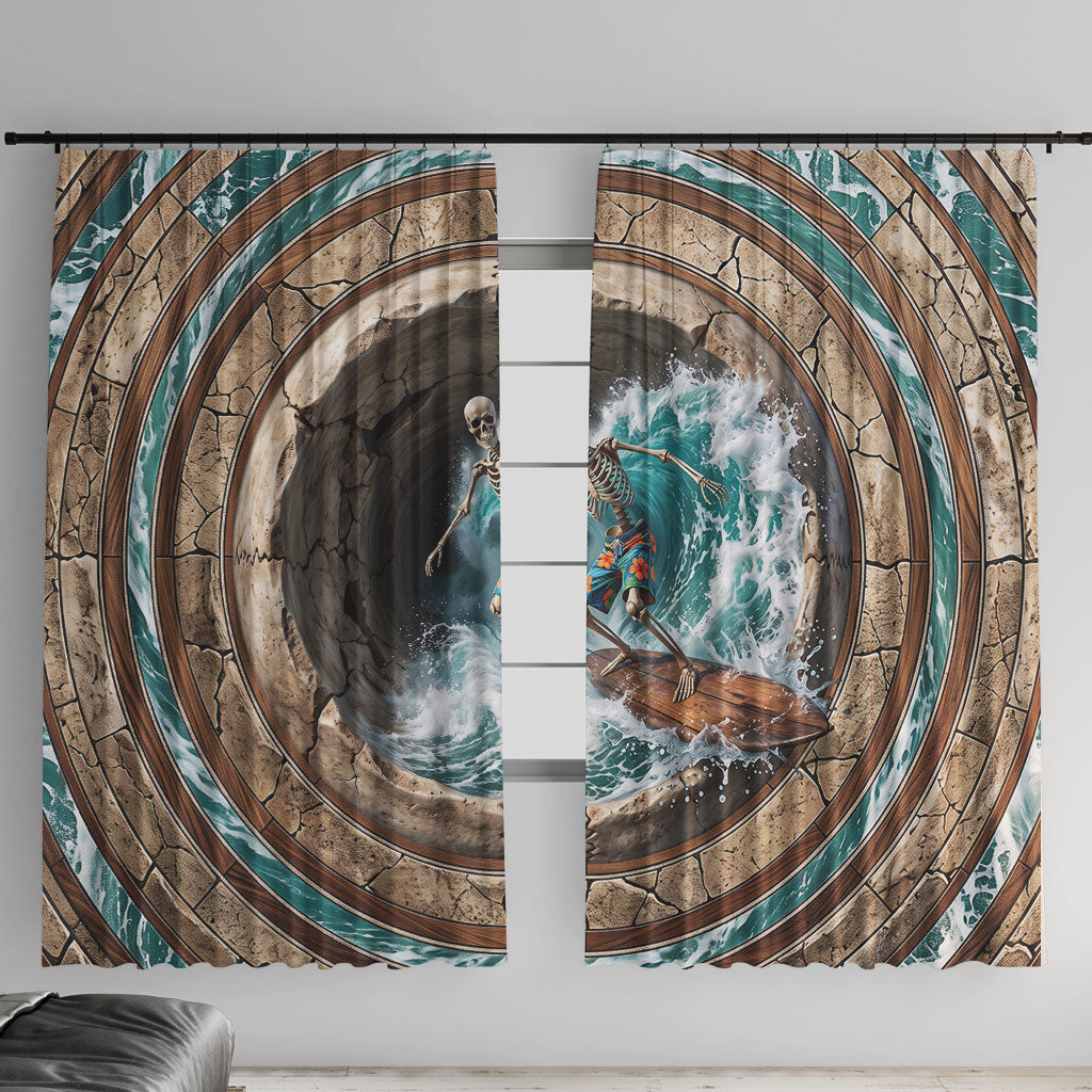 3D Illusion Surfing Skeleton Halloween Window Curtain Surfboard Bones Ocean Wave Stone Well DT05 With Hooks Gray - Polynesian Pride