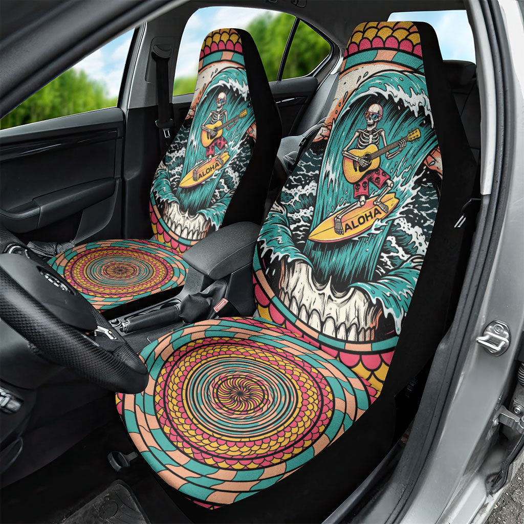 3D Illusion Surfing Skull Aloha Halloween Car Seat Cover Tropical Guitarist Bones Wave DT05 - Polynesian Pride