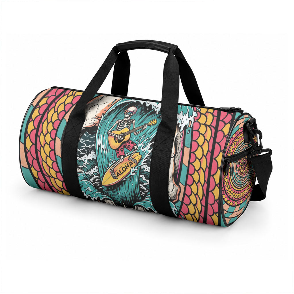 3D Illusion Surfing Skull Aloha Halloween Duffle Bag Tropical Guitarist Bones Wave DT05 - Polynesian Pride