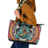 3D Illusion Surfing Skull Aloha Halloween Leather Tote Bag Tropical Guitarist Bones Wave DT05 Blue - Polynesian Pride