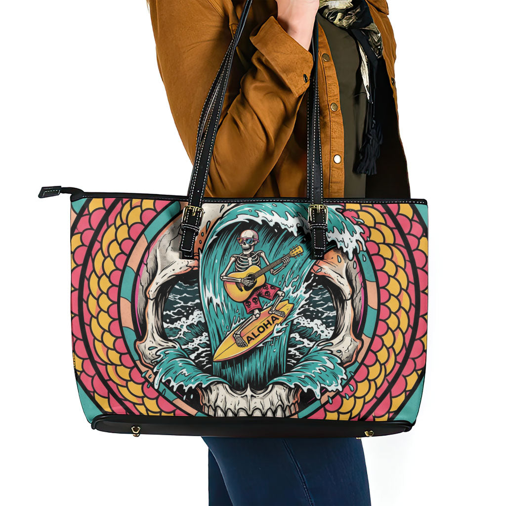 3D Illusion Surfing Skull Aloha Halloween Leather Tote Bag Tropical Guitarist Bones Wave DT05 - Polynesian Pride