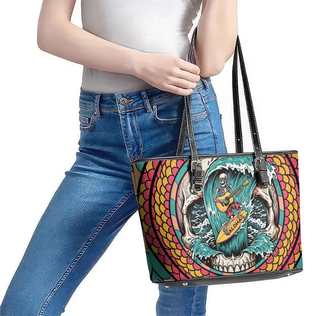3D Illusion Surfing Skull Aloha Halloween Leather Tote Bag Tropical Guitarist Bones Wave DT05 - Polynesian Pride