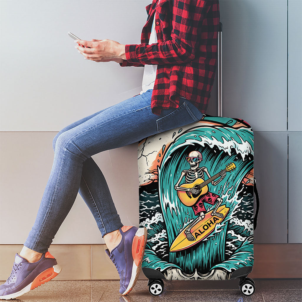 3D Illusion Surfing Skull Aloha Halloween Luggage Cover Tropical Guitarist Bones Wave DT05 - Polynesian Pride