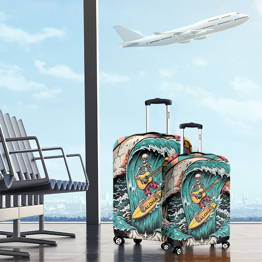 3D Illusion Surfing Skull Aloha Halloween Luggage Cover Tropical Guitarist Bones Wave DT05 - Polynesian Pride
