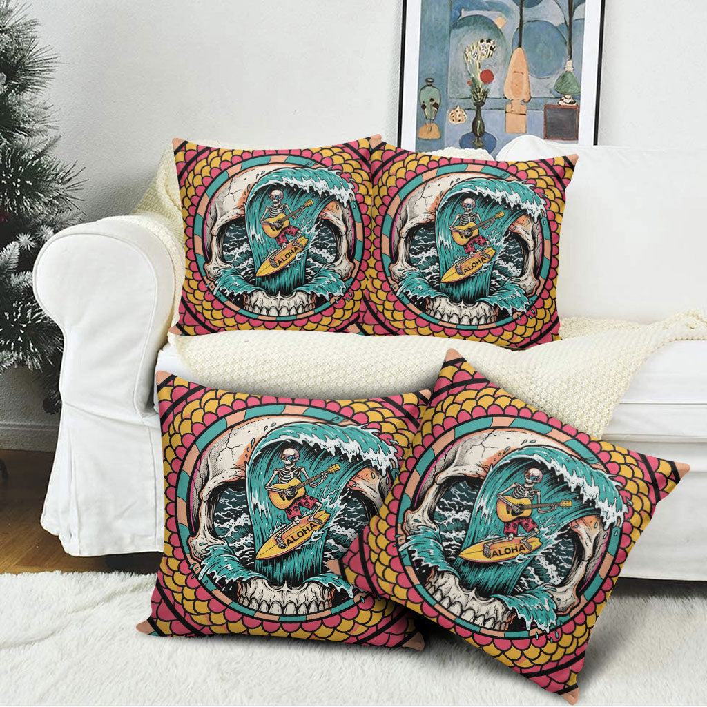 3D Illusion Surfing Skull Aloha Halloween Pillow Cover Tropical Guitarist Bones Wave DT05 - Polynesian Pride