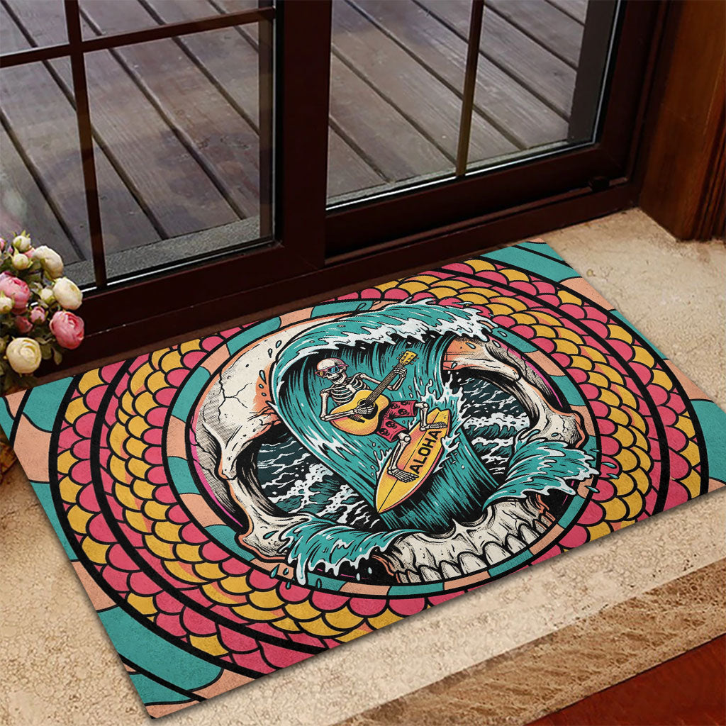 3D Illusion Surfing Skull Aloha Halloween Rubber Doormat Tropical Guitarist Bones Wave DT05 - Polynesian Pride
