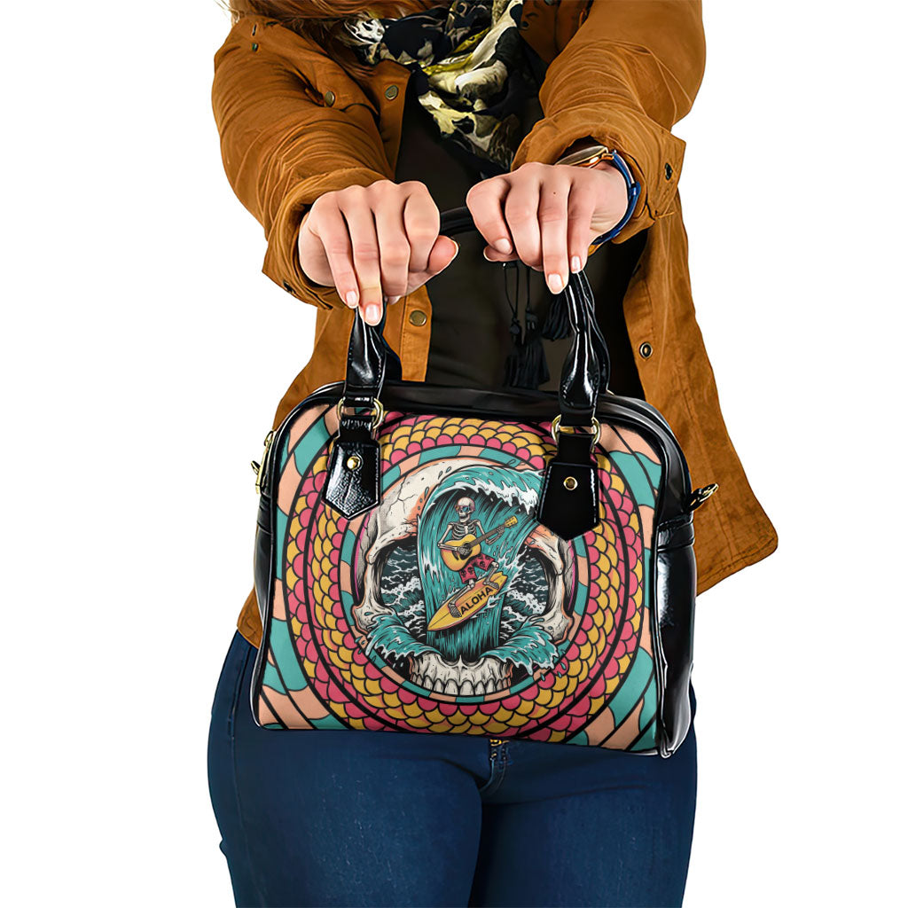 3D Illusion Surfing Skull Aloha Halloween Shoulder Handbag Tropical Guitarist Bones Wave DT05 One Size Blue - Polynesian Pride