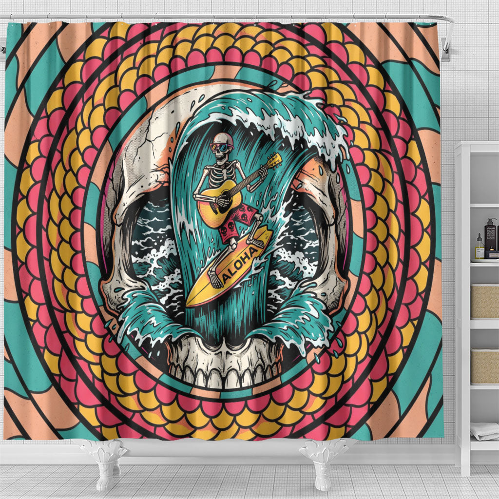 3D Illusion Surfing Skull Aloha Halloween Shower Curtain Tropical Guitarist Bones Wave DT05 - Polynesian Pride