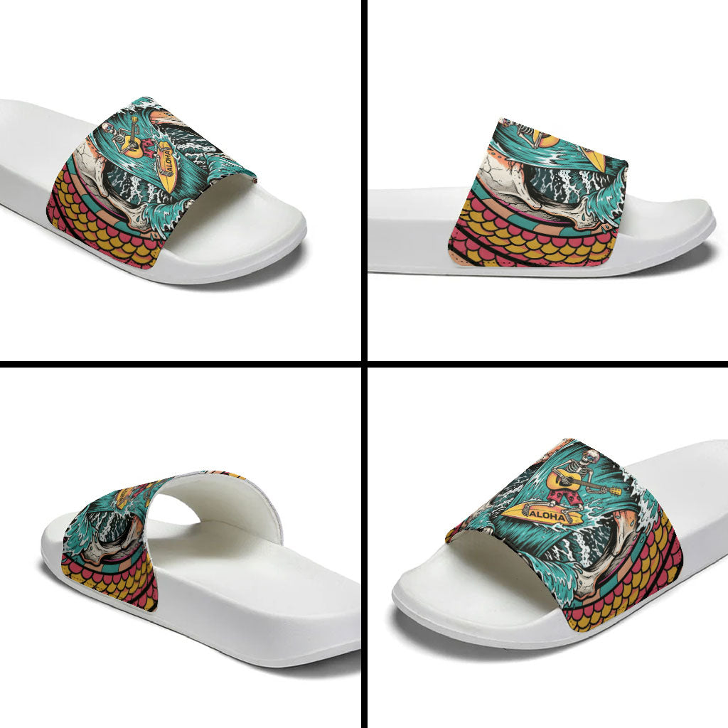 3D Illusion Surfing Skull Aloha Halloween Slide Sandals Tropical Guitarist Bones Wave DT05 - Polynesian Pride