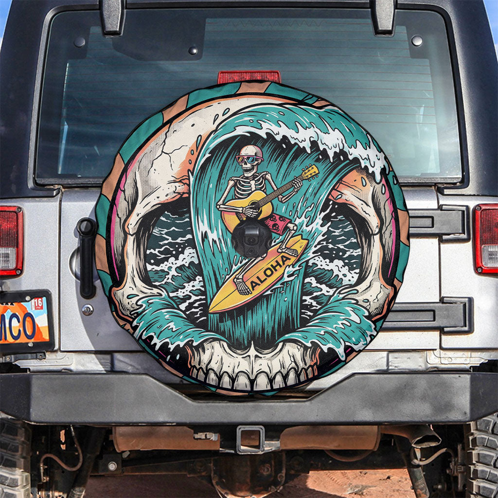 3D Illusion Surfing Skull Aloha Halloween Spare Tire Cover Tropical Guitarist Bones Wave DT05 Blue - Polynesian Pride