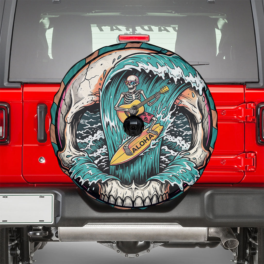 3D Illusion Surfing Skull Aloha Halloween Spare Tire Cover Tropical Guitarist Bones Wave DT05 - Polynesian Pride