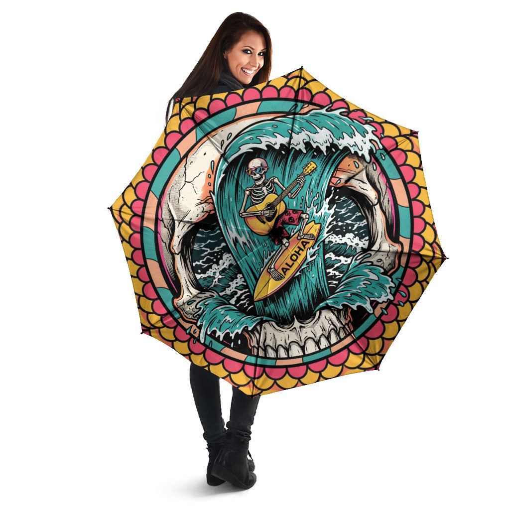 3D Illusion Surfing Skull Aloha Halloween Umbrella Tropical Guitarist Bones Wave DT05 - Polynesian Pride