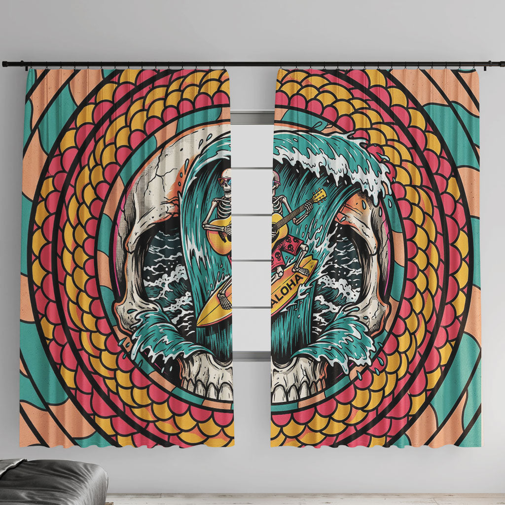 3D Illusion Surfing Skull Aloha Halloween Window Curtain Tropical Guitarist Bones Wave DT05 With Hooks Blue - Polynesian Pride
