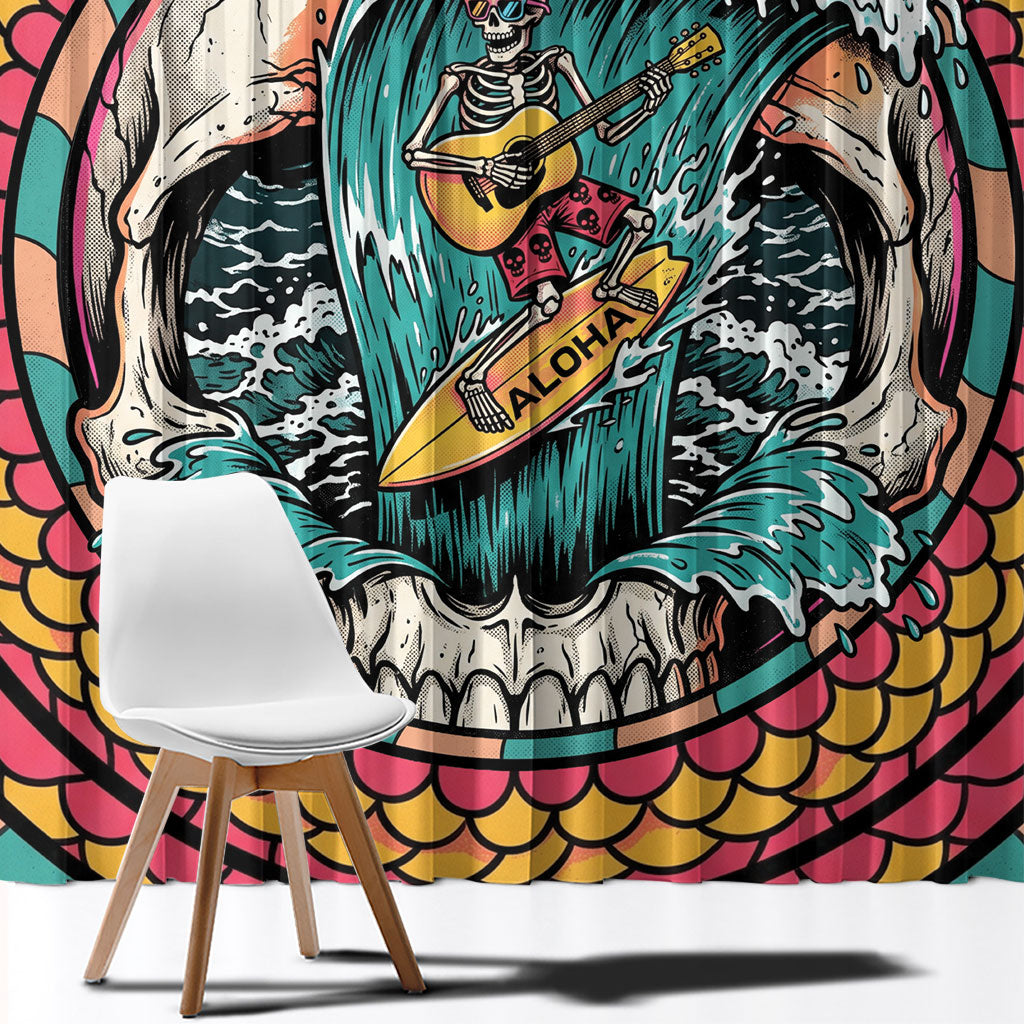 3D Illusion Surfing Skull Aloha Halloween Window Curtain Tropical Guitarist Bones Wave DT05 - Polynesian Pride