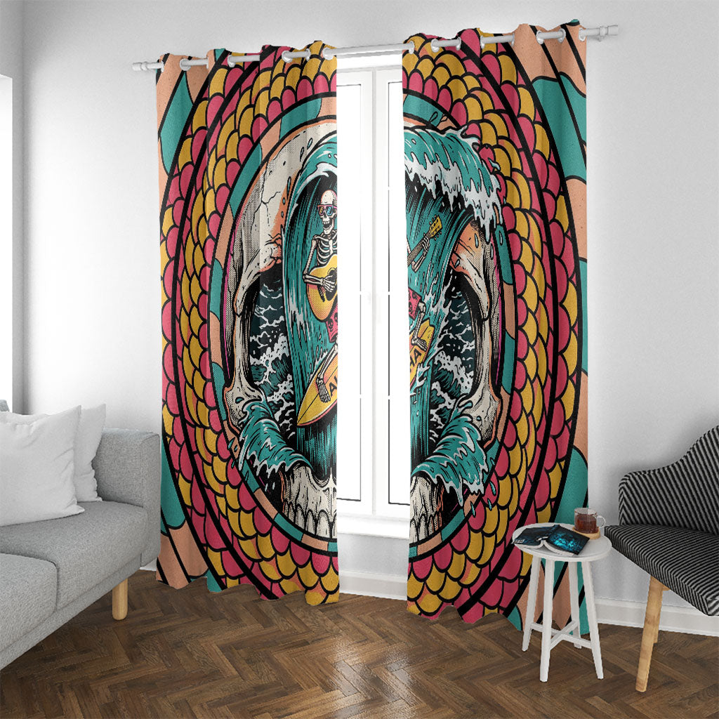 3D Illusion Surfing Skull Aloha Halloween Window Curtain Tropical Guitarist Bones Wave DT05 With Grommets Blue - Polynesian Pride