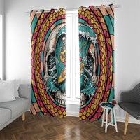 3D Illusion Surfing Skull Aloha Halloween Window Curtain Tropical Guitarist Bones Wave DT05 With Grommets Blue - Polynesian Pride