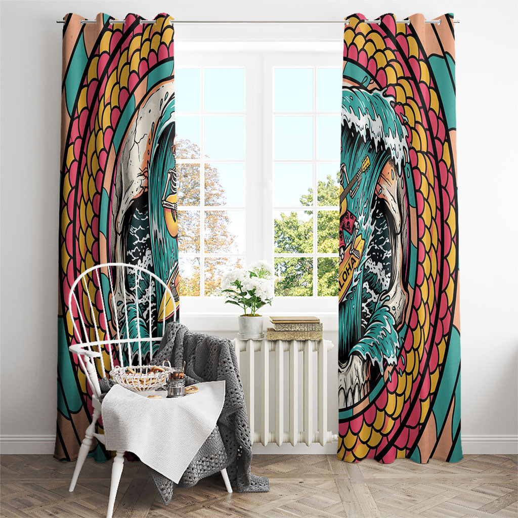 3D Illusion Surfing Skull Aloha Halloween Window Curtain Tropical Guitarist Bones Wave DT05 - Polynesian Pride