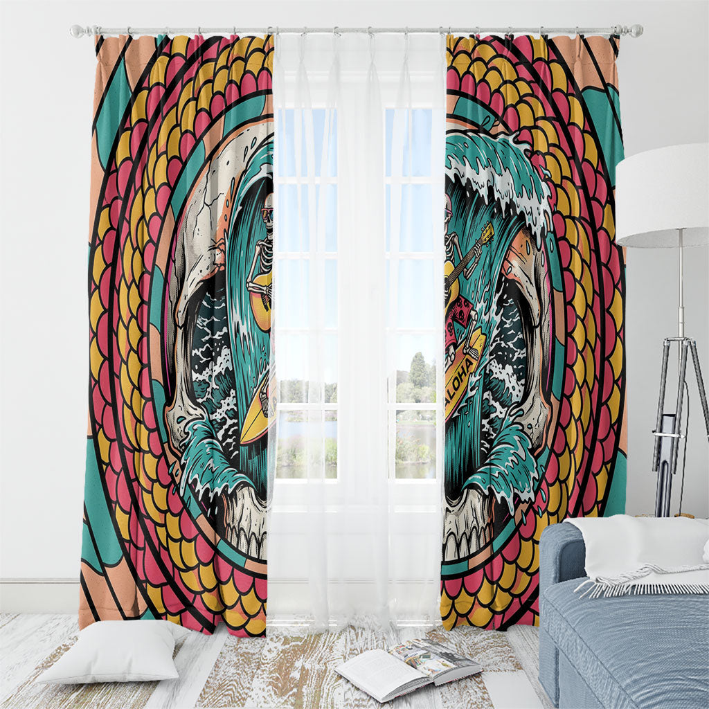 3D Illusion Surfing Skull Aloha Halloween Window Curtain Tropical Guitarist Bones Wave DT05 - Polynesian Pride