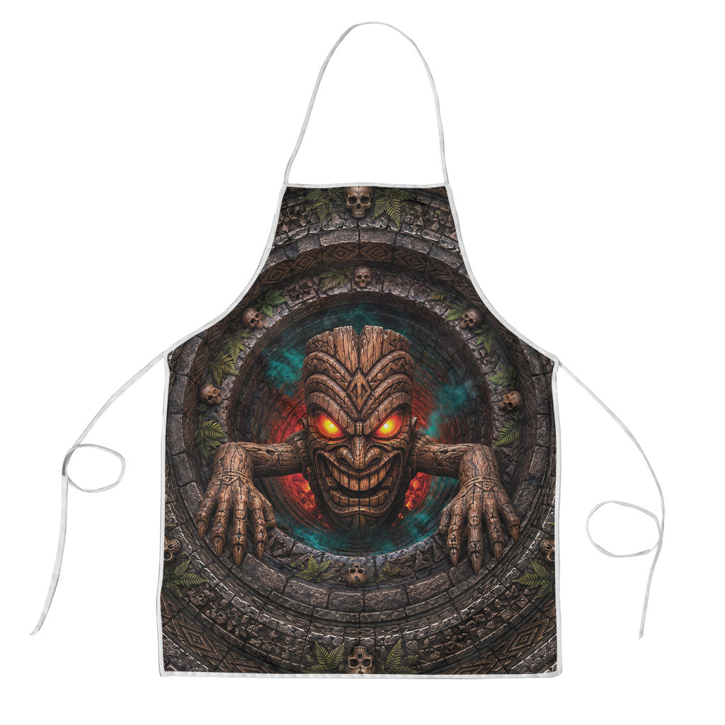3D Illusion Haunted Tiki Totem Halloween Apron Polynesian Wood Spirit Fiery DT05 Brown - Polynesian Pride