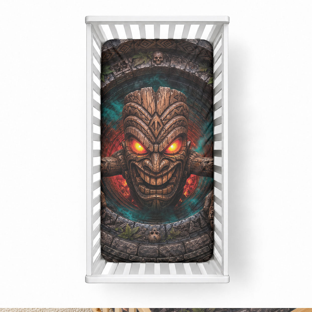 3D Illusion Haunted Tiki Totem Halloween Baby Bed Cover Polynesian Wood Spirit Fiery DT05 28 × 52 in Brown - Polynesian Pride
